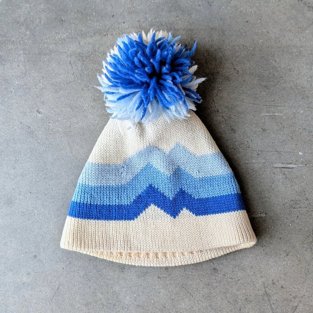 Vintage Wool Ski Hat Retro Blue Stripe Pom Pom Smiley Sparks Nevada Made in USA